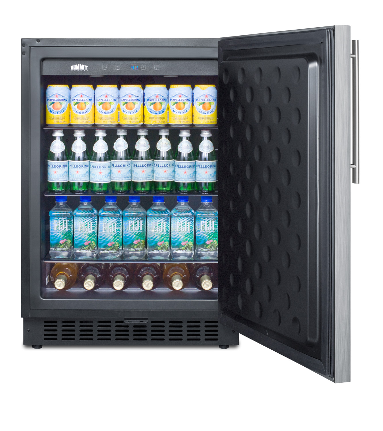 Built-in undercounter all-refrigerator for residential or commercial use, frost-free w/stainless steel wrapped door, horizontal handle, and black cabinet